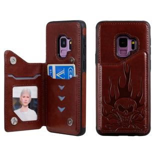 For Galaxy S9 Skull Head Embossing Pattern Shockproof Protective Case with Holder & Card Slots & Wallet(Brown)