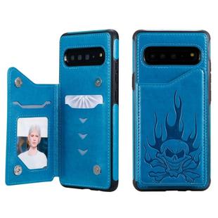 For Galaxy S10 5G Skull Head Embossing Pattern Shockproof Protective Case with Holder & Card Slots & Wallet(Blue)