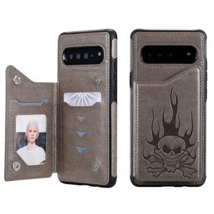 For Galaxy S10 5G Skull Head Embossing Pattern Shockproof Protective Case with Holder & Card Slots & Wallet(Grey)