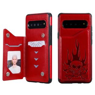 For Galaxy S10 5G Skull Head Embossing Pattern Shockproof Protective Case with Holder & Card Slots & Wallet(Red)