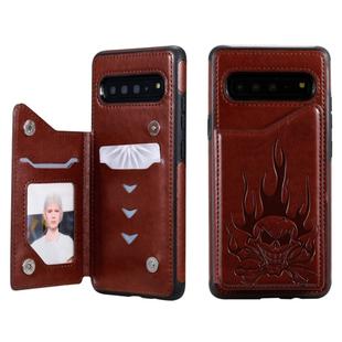 For Galaxy S10 5G Skull Head Embossing Pattern Shockproof Protective Case with Holder & Card Slots & Wallet(Brown)