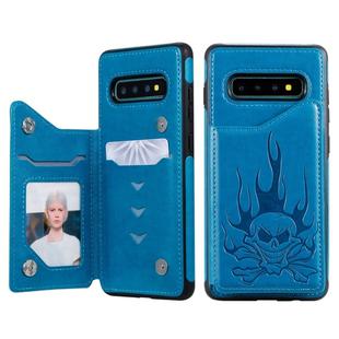 For Galaxy S10+ Skull Head Embossing Pattern Shockproof Protective Case with Holder & Card Slots & Wallet(Blue)