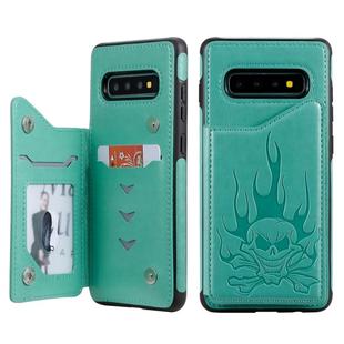 For Galaxy S10+ Skull Head Embossing Pattern Shockproof Protective Case with Holder & Card Slots & Wallet(Green)