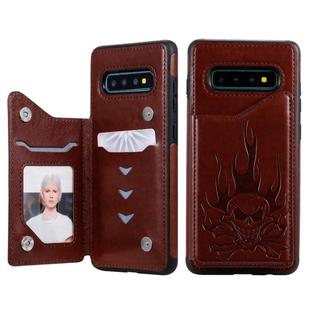 For Galaxy S10+ Skull Head Embossing Pattern Shockproof Protective Case with Holder & Card Slots & Wallet(Brown)