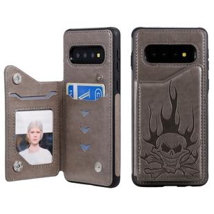 For Galaxy S10 Skull Head Embossing Pattern Shockproof Protective Case with Holder & Card Slots & Wallet(Grey)