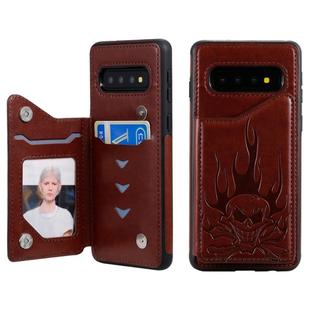 For Galaxy S10 Skull Head Embossing Pattern Shockproof Protective Case with Holder & Card Slots & Wallet(Brown)