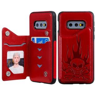 For Galaxy S10e Skull Head Embossing Pattern Shockproof Protective Case with Holder & Card Slots & Wallet(Red)