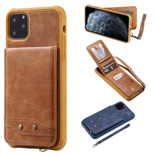 For iPhone 11 Pro Max Vertical Flip Shockproof Leather Protective Case with Short Rope, Support Card Slots & Bracket & Photo Holder & Wallet Function(Brown)
