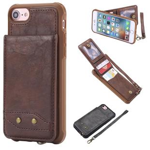 For iPhone SE 2022 / SE 2020 / 8 / 7 Vertical Flip Shockproof Leather Protective Case with Short Rope, Support Card Slots & Bracket & Photo Holder & Wallet Function(Coffee)