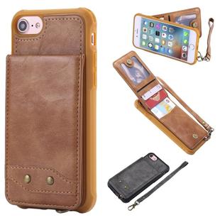 For iPhone SE 2022 / SE 2020 / 8 / 7 Vertical Flip Shockproof Leather Protective Case with Short Rope, Support Card Slots & Bracket & Photo Holder & Wallet Function(Brown)