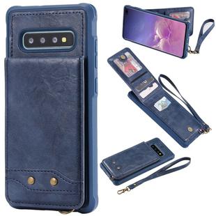 For Galaxy S10+ Vertical Flip Shockproof Leather Protective Case with Short Rope, Support Card Slots & Bracket & Photo Holder & Wallet Function(Blue)