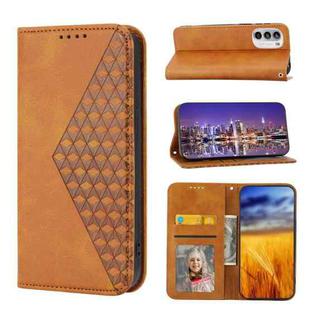 For Motorola Moto G52 4G / G82 5G / G71S Cubic Grid Calf Texture Magnetic Closure Leather Phone Case(Yellow)