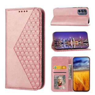 For Motorola Moto E32 4G Global Cubic Grid Calf Texture Magnetic Closure Leather Phone Case(Rose Gold)