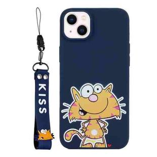 For iPhone 14 Silicone Painted Phone Case with Lanyard(Big Face Cat)