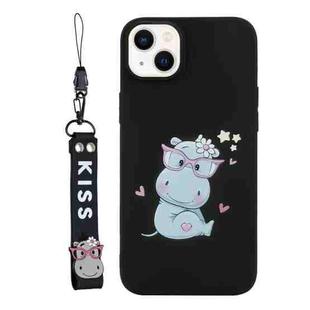 For iPhone 14 Plus Silicone Painted Phone Case with Lanyard(Hippo)