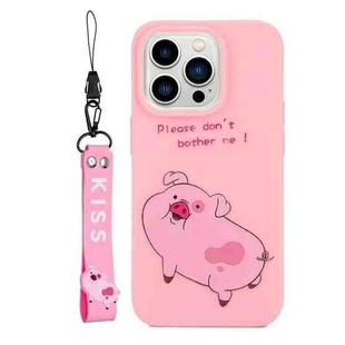 For iPhone 14 Pro Silicone Painted Phone Case with Lanyard(Little Pink Pig)