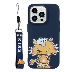 For iPhone 14 Pro Silicone Painted Phone Case with Lanyard(Big Face Cat)