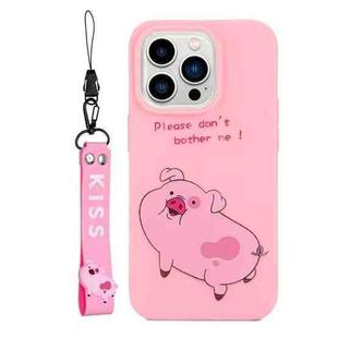 For iPhone 14 Pro Max Silicone Painted Phone Case with Lanyard(Little Pink Pig)