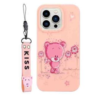 For iPhone 14 Pro Max Silicone Painted Phone Case with Lanyard(Flower Bear)