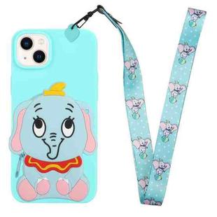 For iPhone 14 Silicone Wallet Phone Case with Lanyard(Light Blue Elephants)