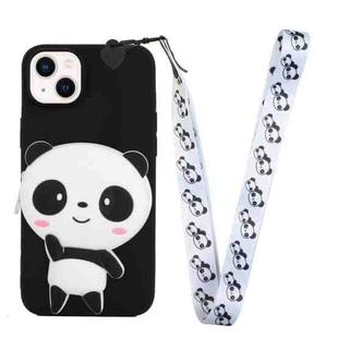 For iPhone 14 Silicone Wallet Phone Case with Lanyard(Black Panda)