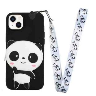 For iPhone 14 Plus Silicone Wallet Phone Case with Lanyard(Black Panda)