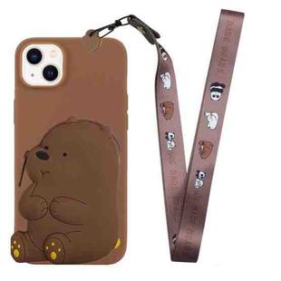 For iPhone 14 Plus Silicone Wallet Phone Case with Lanyard(Brown Bear)