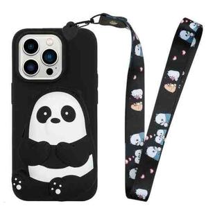 For iPhone 14 Pro Silicone Wallet Phone Case with Lanyard(Black Striped Bear)