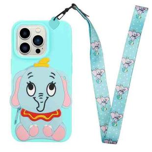 For iPhone 14 Pro Silicone Wallet Phone Case with Lanyard(Light Blue Elephants)