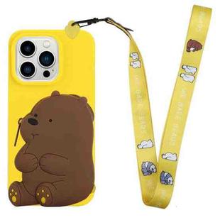 For iPhone 14 Pro Silicone Wallet Phone Case with Lanyard(Yellow Bear)