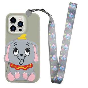 For iPhone 14 Pro Silicone Wallet Phone Case with Lanyard(Grey Elephants)