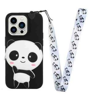 For iPhone 14 Pro Max Silicone Wallet Phone Case with Lanyard(Black Panda)