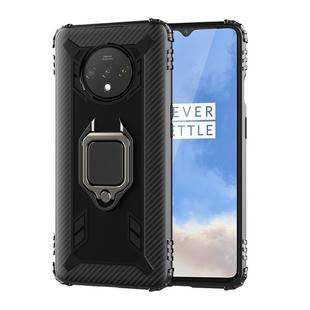 For OnePlus 7T Carbon Fiber Protective Case with 360 Degree Rotating Ring Holder(Black)