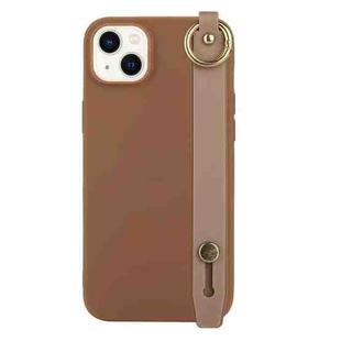 For iPhone 14 Wrist Strap Holder TPU Phone Case(Coffee)