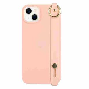 For iPhone 14 Plus Wrist Strap Holder TPU Phone Case(Light Pink)