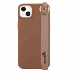 For iPhone 14 Plus Wrist Strap Holder TPU Phone Case(Coffee)