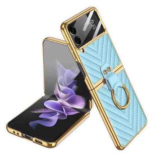 For Samsung Galaxy Z Flip4 GKK Integrated Plating Vegan Leather Phone Case with Ring(Blue)
