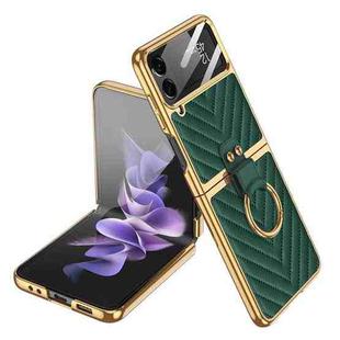 For Samsung Galaxy Z Flip4 GKK Integrated Plating Vegan Leather Phone Case with Ring(Dark Green)
