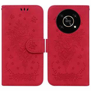 For Honor X9 / X9 5G Butterfly Rose Embossed Leather Phone Case(Red)