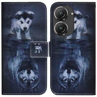 For Asus Zenfone 9 Coloured Drawing Leather Phone Case(Wolf and Dog)