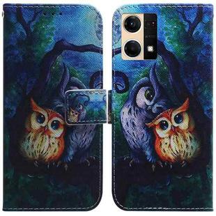 For OPPO Reno7 4G Coloured Drawing Leather Phone Case(Oil Painting Owl)