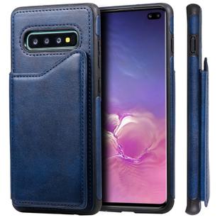 For Galaxy S10+ Shockproof Calf Texture Protective Case with Holder & Card Slots & Frame(Blue)