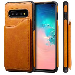 For Galaxy S10 Shockproof Calf Texture Protective Case with Holder & Card Slots & Frame(Brown)