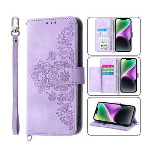 For iPhone 14 Skin-feel Flowers Embossed Wallet Leather Phone Case(Purple)