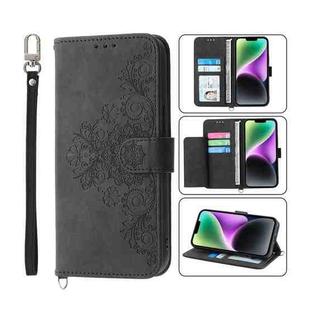 For iPhone 14 Plus Skin-feel Flowers Embossed Wallet Leather Phone Case(Black)