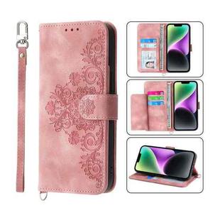 For iPhone 14 Plus Skin-feel Flowers Embossed Wallet Leather Phone Case(Pink)