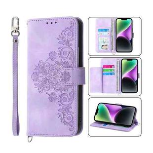 For iPhone 14 Plus Skin-feel Flowers Embossed Wallet Leather Phone Case(Purple)