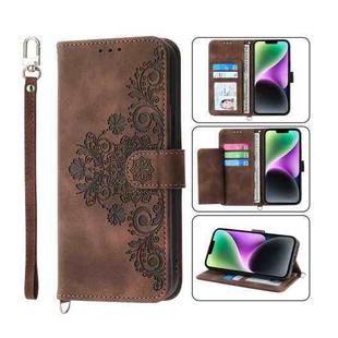 For iPhone 14 Plus Skin-feel Flowers Embossed Wallet Leather Phone Case(Brown)