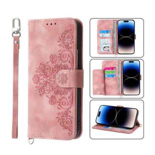 For iPhone 14 Pro Skin-feel Flowers Embossed Wallet Leather Phone Case(Pink)