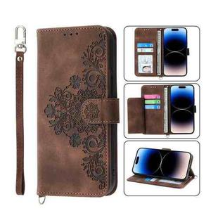 For iPhone 14 Pro Skin-feel Flowers Embossed Wallet Leather Phone Case(Brown)